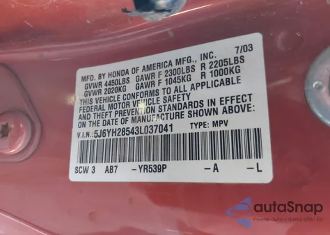 2003 Honda Element Ex from USA, damaged, VIN 5J6YH28543L037041